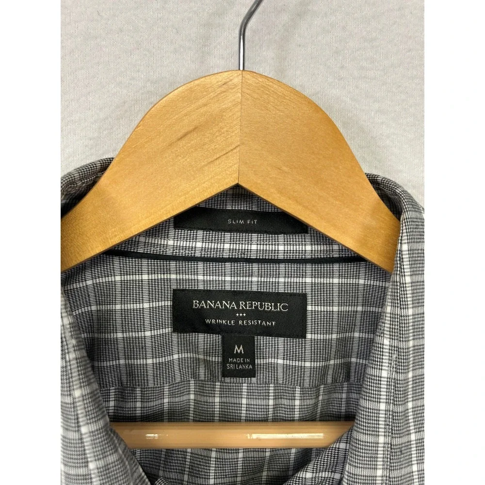 Banana Republic Modern Graphic Slim Fit Mens M Grey Grid Wrinkle Resistant Shirt